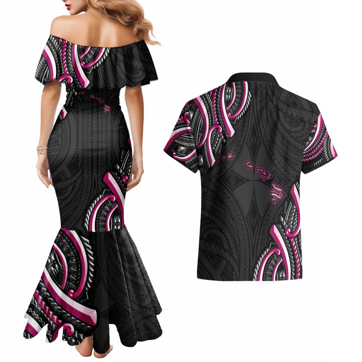 Traditional Art Hawaiian Kakau Tattoos Couples Matching Mermaid Dress and Hawaiian Shirt Pink Color LT03 - Polynesian Pride