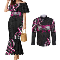 Traditional Art Hawaiian Kakau Tattoos Couples Matching Mermaid Dress and Long Sleeve Button Shirt Pink Color LT03 Pink - Polynesian Pride
