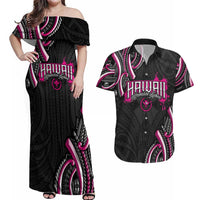 Traditional Art Hawaiian Kakau Tattoos Couples Matching Off Shoulder Maxi Dress and Hawaiian Shirt Pink Color LT03 Pink - Polynesian Pride
