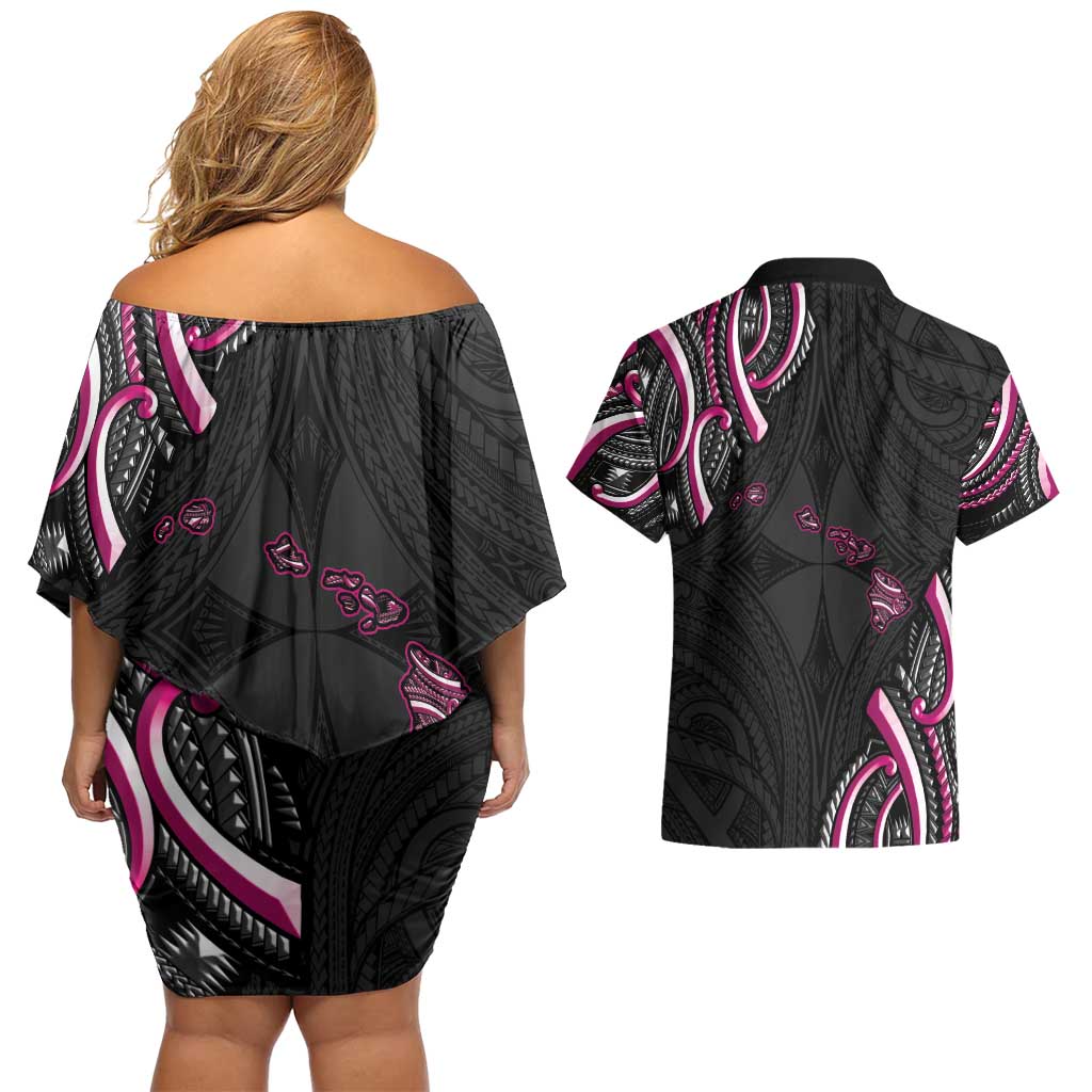 Traditional Art Hawaiian Kakau Tattoos Couples Matching Off Shoulder Short Dress and Hawaiian Shirt Pink Color LT03 - Polynesian Pride