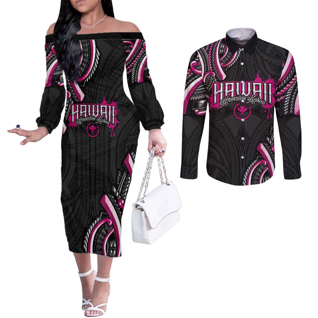 Traditional Art Hawaiian Kakau Tattoos Couples Matching Off The Shoulder Long Sleeve Dress and Long Sleeve Button Shirt Pink Color LT03 Pink - Polynesian Pride