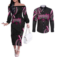 Traditional Art Hawaiian Kakau Tattoos Couples Matching Off The Shoulder Long Sleeve Dress and Long Sleeve Button Shirt Pink Color LT03 Pink - Polynesian Pride