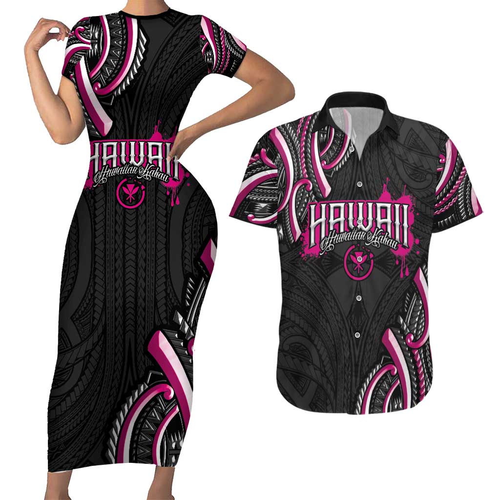 Traditional Art Hawaiian Kakau Tattoos Couples Matching Short Sleeve Bodycon Dress and Hawaiian Shirt Pink Color - Polynesian Pride