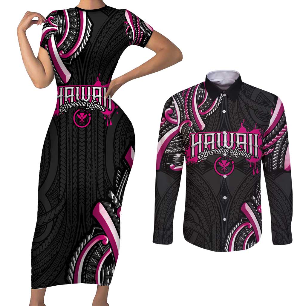 Traditional Art Hawaiian Kakau Tattoos Couples Matching Short Sleeve Bodycon Dress and Long Sleeve Button Shirt Pink Color - Polynesian Pride