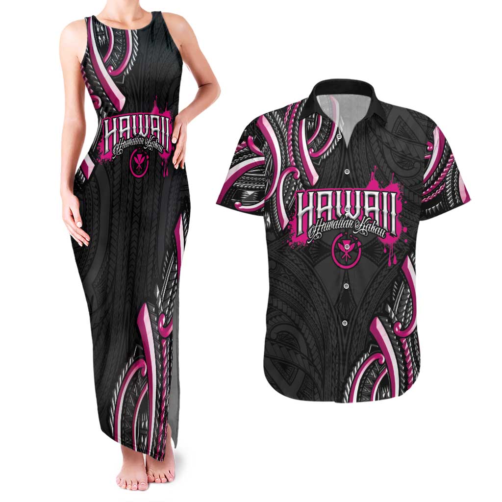 Traditional Art Hawaiian Kakau Tattoos Couples Matching Tank Maxi Dress and Hawaiian Shirt Pink Color LT03 Pink - Polynesian Pride