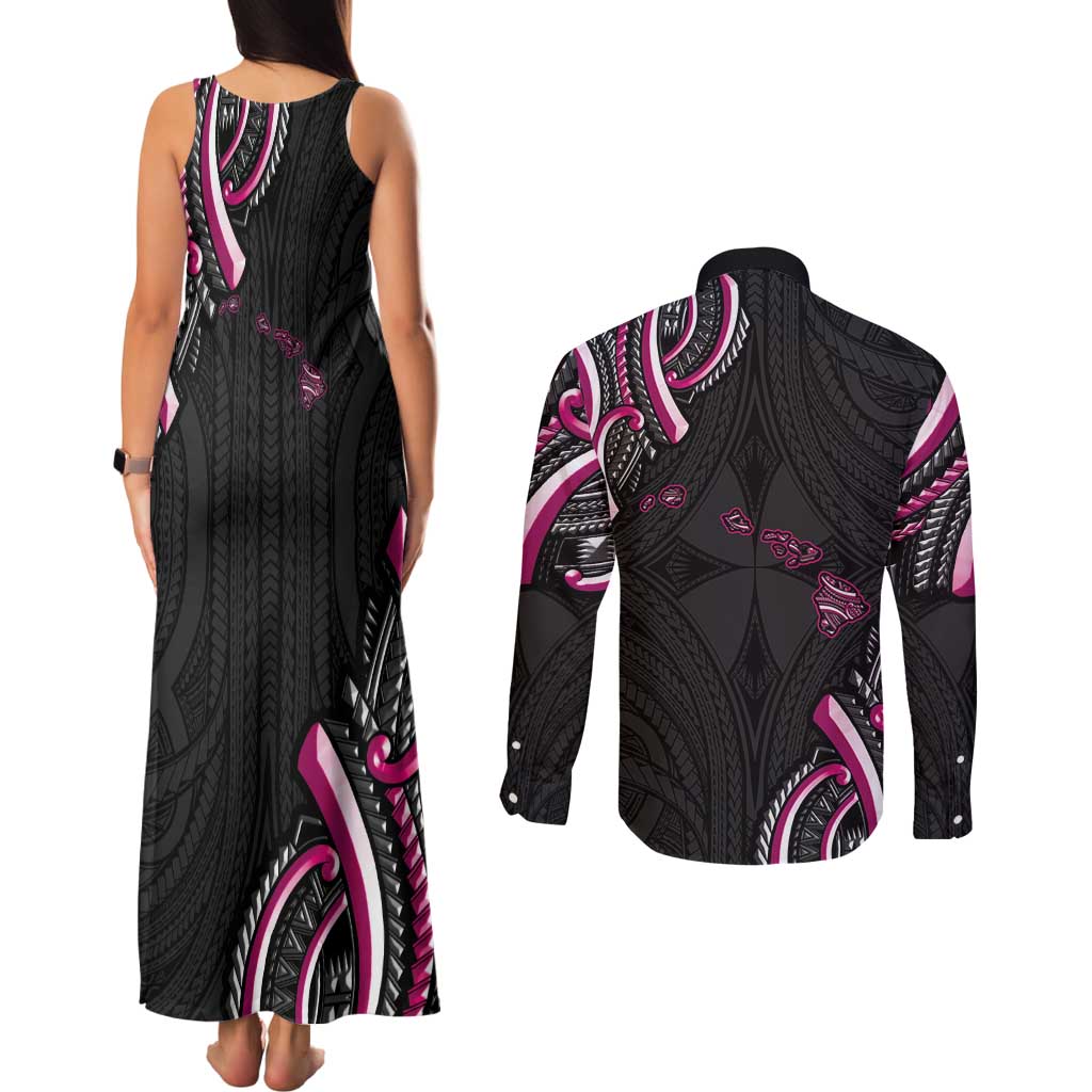 Traditional Art Hawaiian Kakau Tattoos Couples Matching Tank Maxi Dress and Long Sleeve Button Shirt Pink Color LT03 - Polynesian Pride