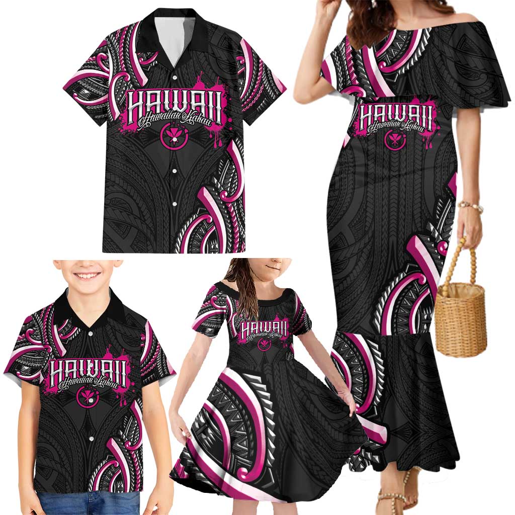 Traditional Art Hawaiian Kakau Tattoos Family Matching Mermaid Dress and Hawaiian Shirt Pink Color - Polynesian Pride