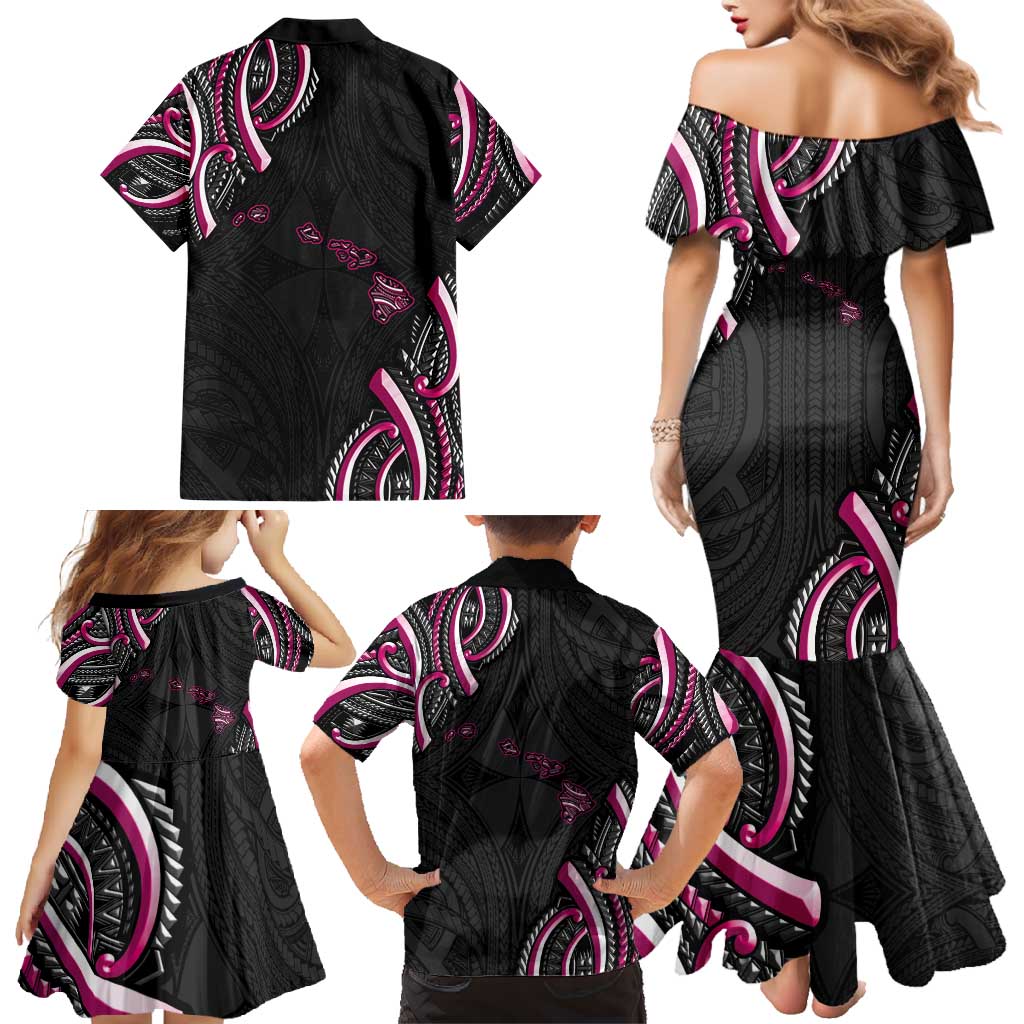 Traditional Art Hawaiian Kakau Tattoos Family Matching Mermaid Dress and Hawaiian Shirt Pink Color LT03 - Polynesian Pride