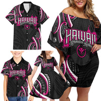 Traditional Art Hawaiian Kakau Tattoos Family Matching Off Shoulder Short Dress and Hawaiian Shirt Pink Color LT03 - Polynesian Pride
