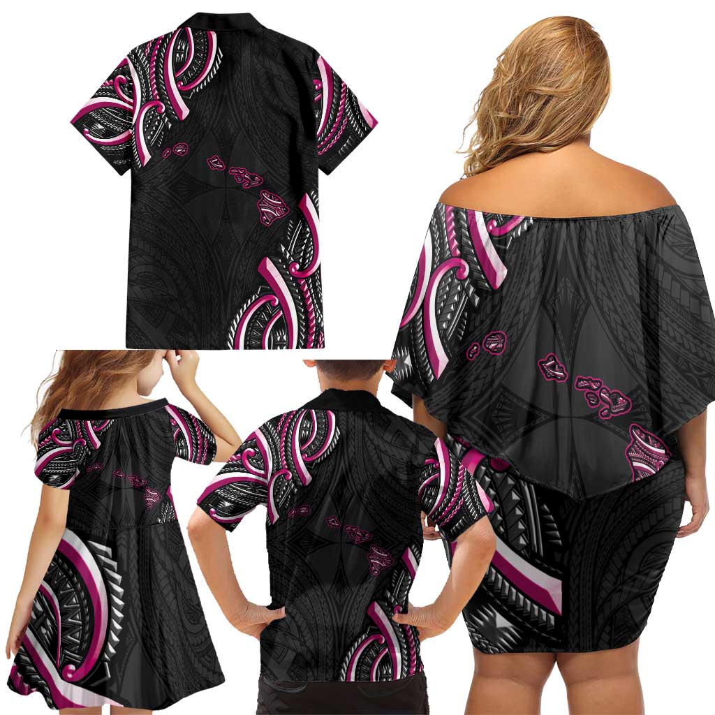 Traditional Art Hawaiian Kakau Tattoos Family Matching Off Shoulder Short Dress and Hawaiian Shirt Pink Color LT03 - Polynesian Pride
