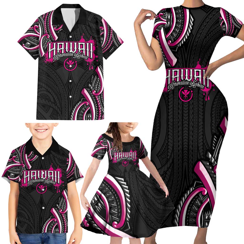 Traditional Art Hawaiian Kakau Tattoos Family Matching Short Sleeve Bodycon Dress and Hawaiian Shirt Pink Color - Polynesian Pride
