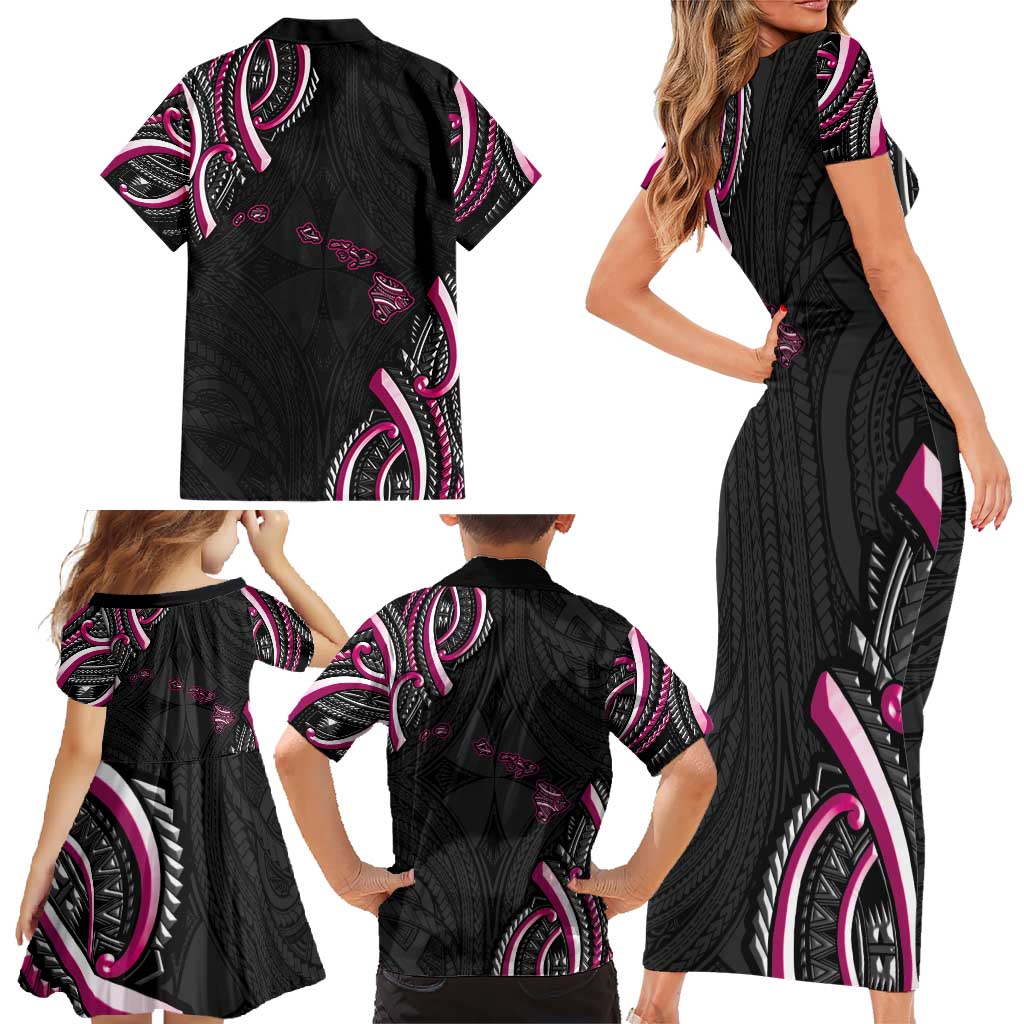 Traditional Art Hawaiian Kakau Tattoos Family Matching Short Sleeve Bodycon Dress and Hawaiian Shirt Pink Color LT03 - Polynesian Pride