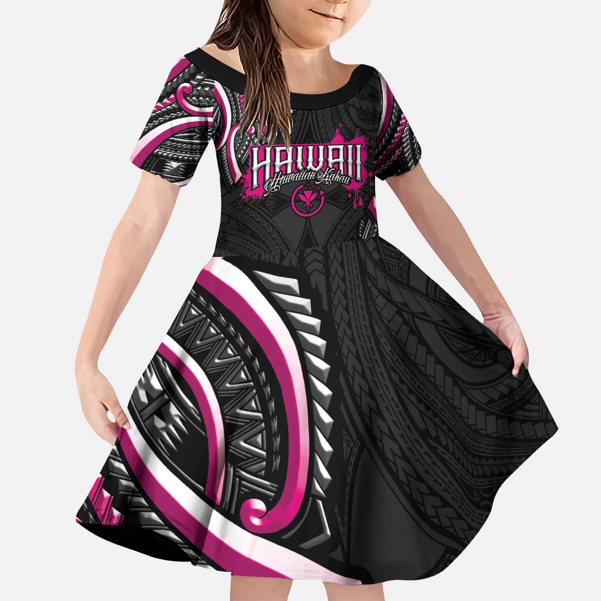 Traditional Art Hawaiian Kakau Tattoos Kid Short Sleeve Dress Pink Color - Polynesian Pride
