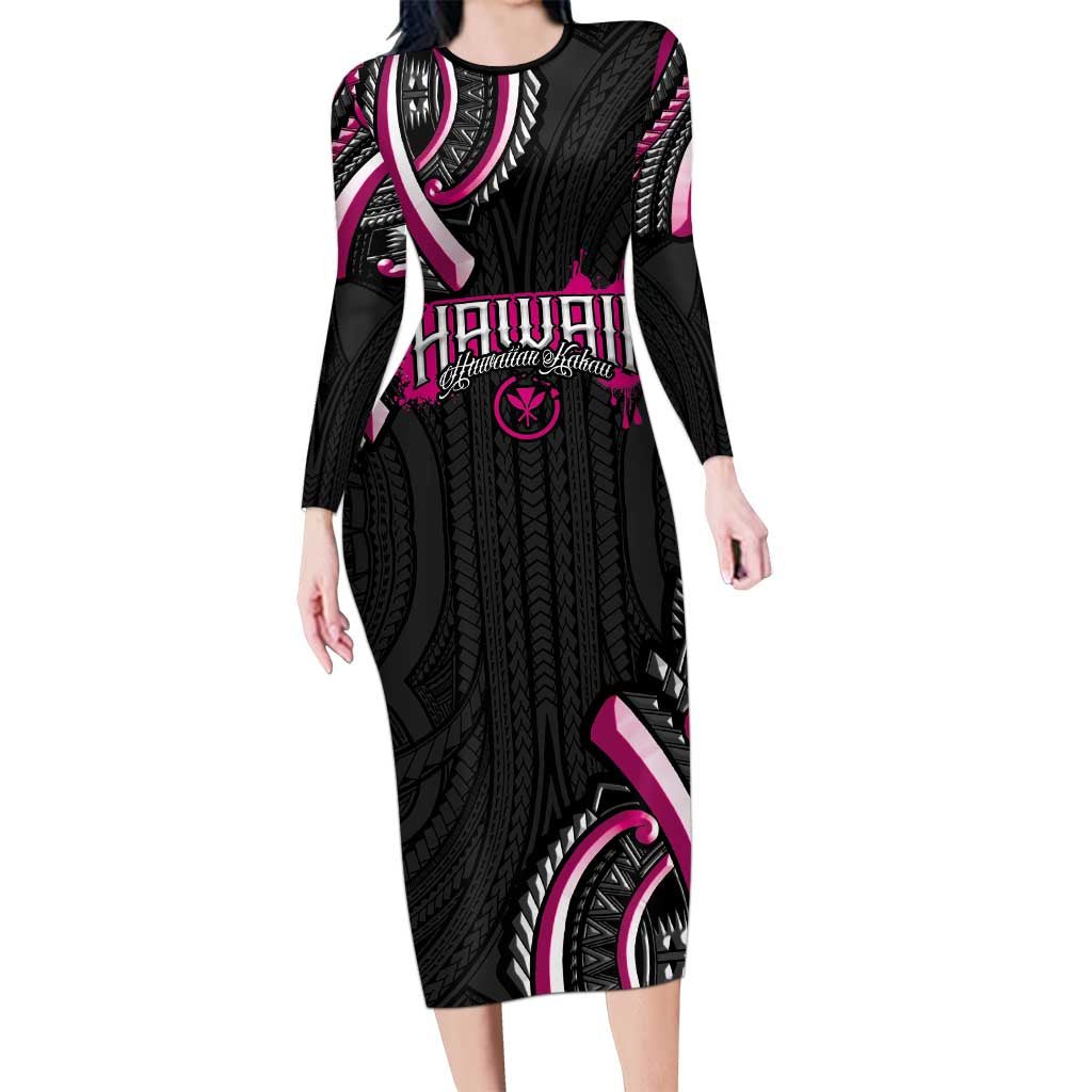 Traditional Art Hawaiian Kakau Tattoos Long Sleeve Bodycon Dress Pink Color - Polynesian Pride