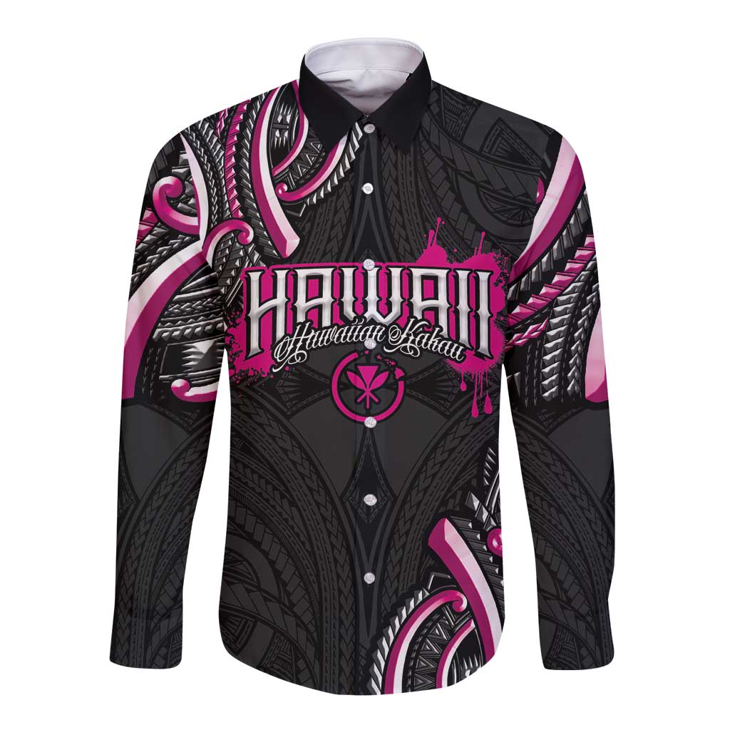 Traditional Art Hawaiian Kakau Tattoos Long Sleeve Button Shirt Pink Color - Polynesian Pride