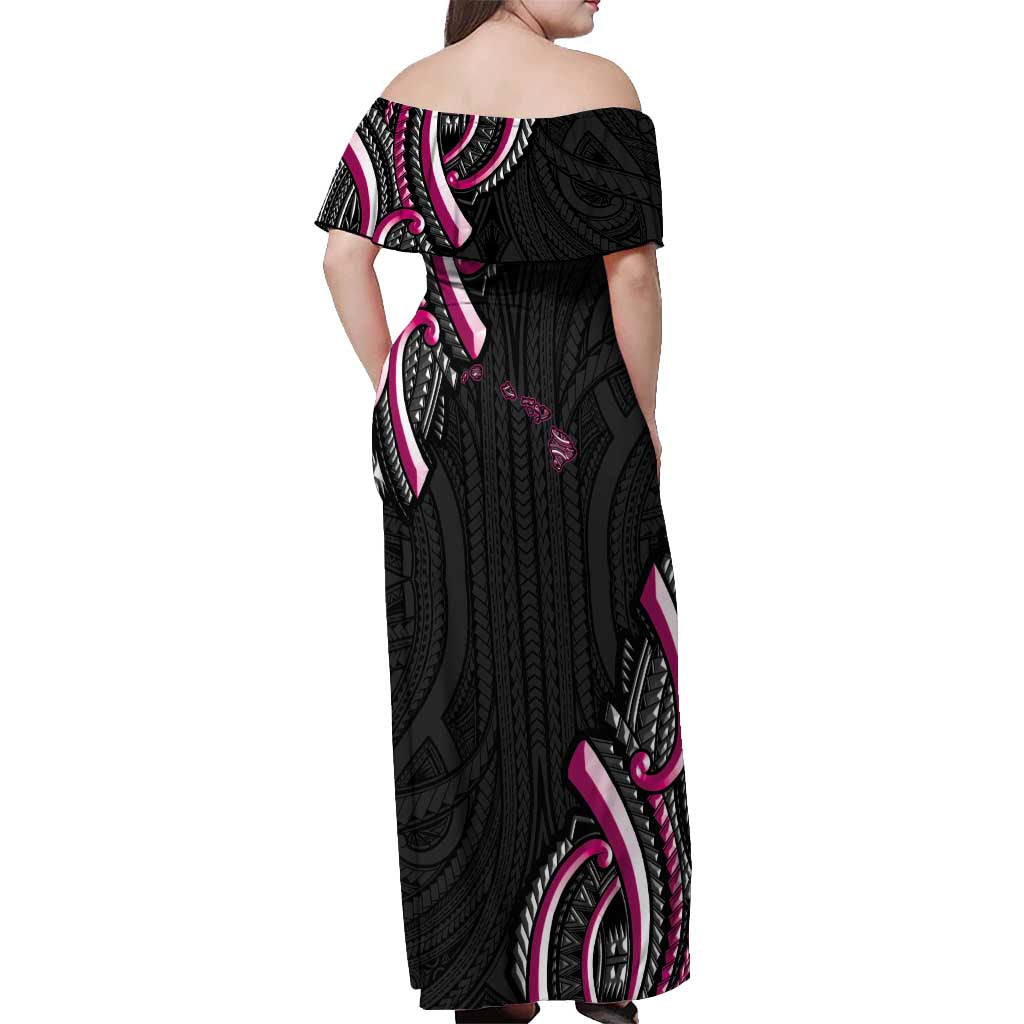 Traditional Art Hawaiian Kakau Tattoos Off Shoulder Maxi Dress Pink Color - Polynesian Pride