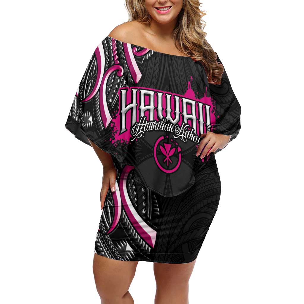 Traditional Art Hawaiian Kakau Tattoos Off Shoulder Short Dress Pink Color - Polynesian Pride