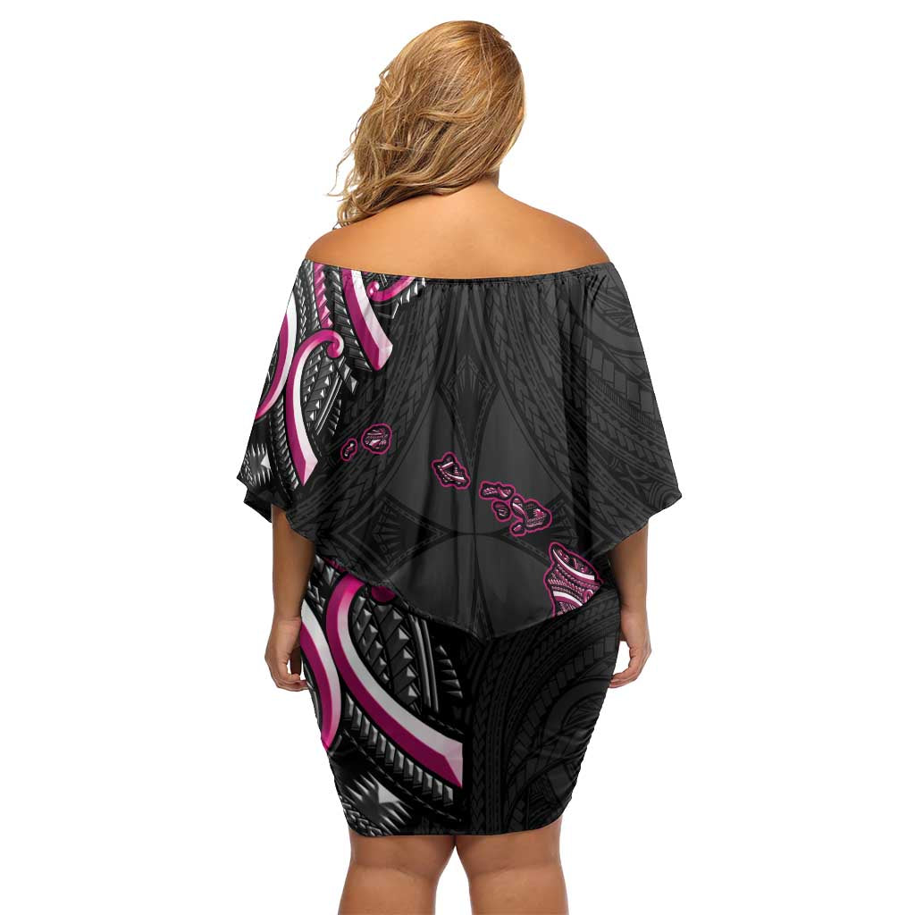 Traditional Art Hawaiian Kakau Tattoos Off Shoulder Short Dress Pink Color - Polynesian Pride