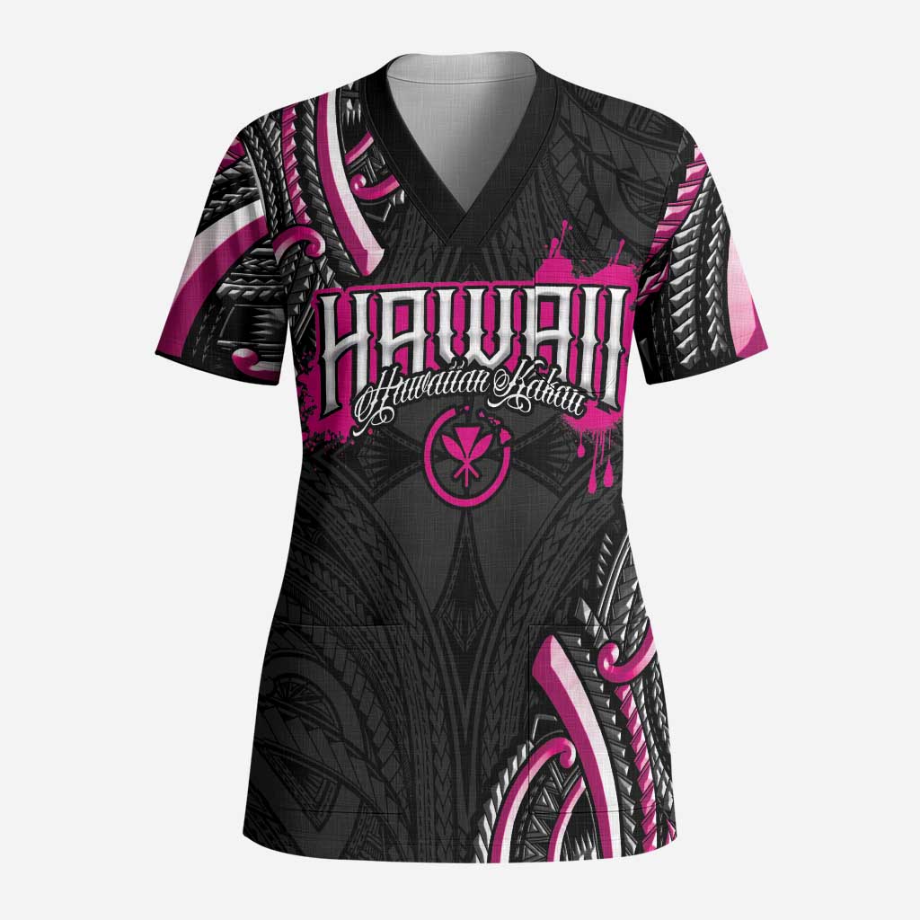 Traditional Art Hawaiian Kakau Tattoos Scrub Top Pink Color - Polynesian Pride