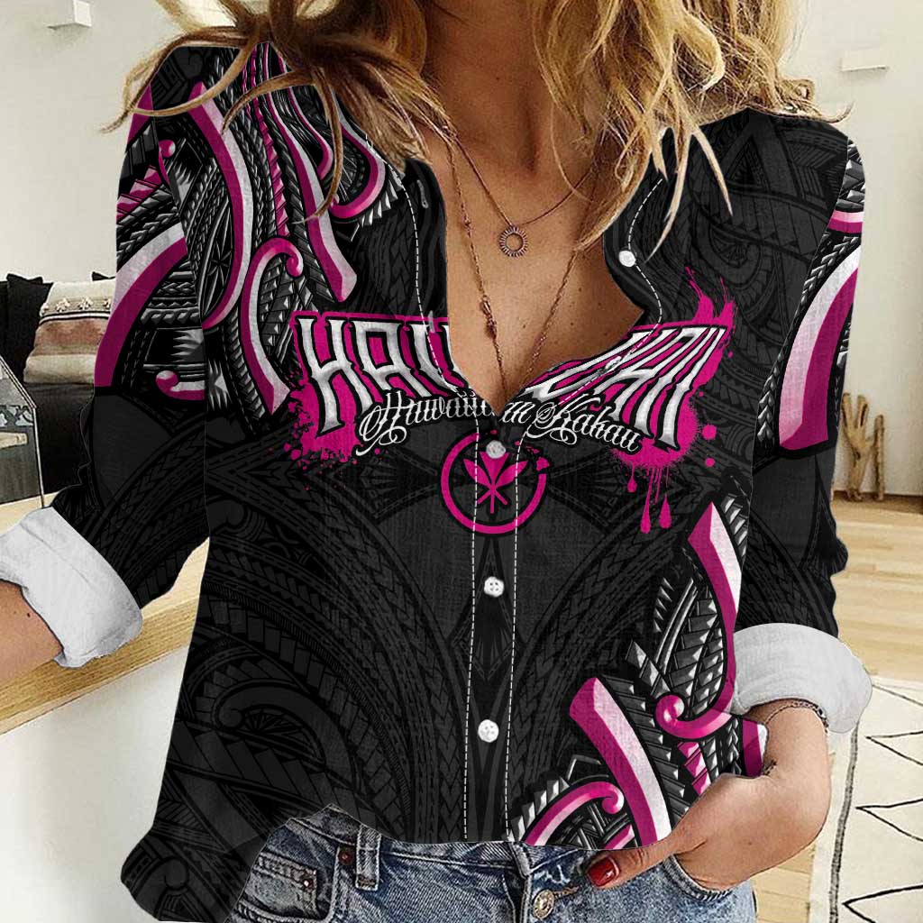 Traditional Art Hawaiian Kakau Tattoos Women Casual Shirt Pink Color - Polynesian Pride
