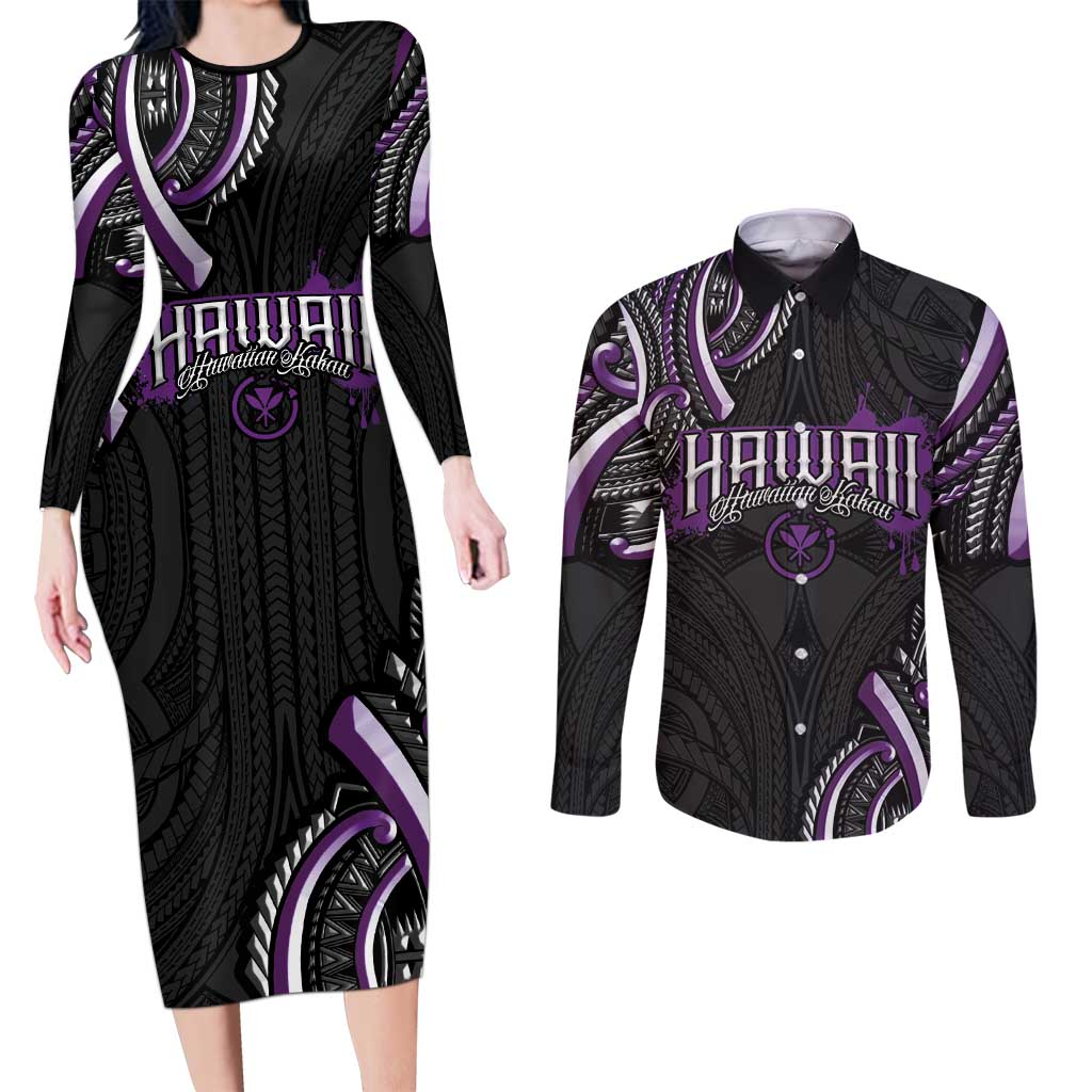 Traditional Art Hawaiian Kakau Tattoos Couples Matching Long Sleeve Bodycon Dress and Long Sleeve Button Shirt Purple Color LT03 Purple - Polynesian Pride