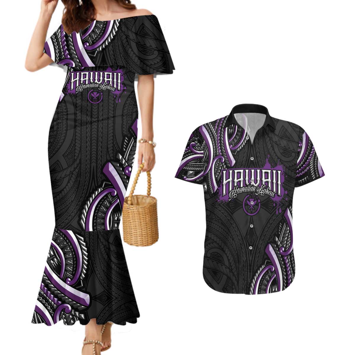 Traditional Art Hawaiian Kakau Tattoos Couples Matching Mermaid Dress and Hawaiian Shirt Purple Color - Polynesian Pride