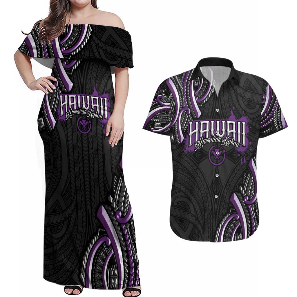 Traditional Art Hawaiian Kakau Tattoos Couples Matching Off Shoulder Maxi Dress and Hawaiian Shirt Purple Color LT03 Purple - Polynesian Pride