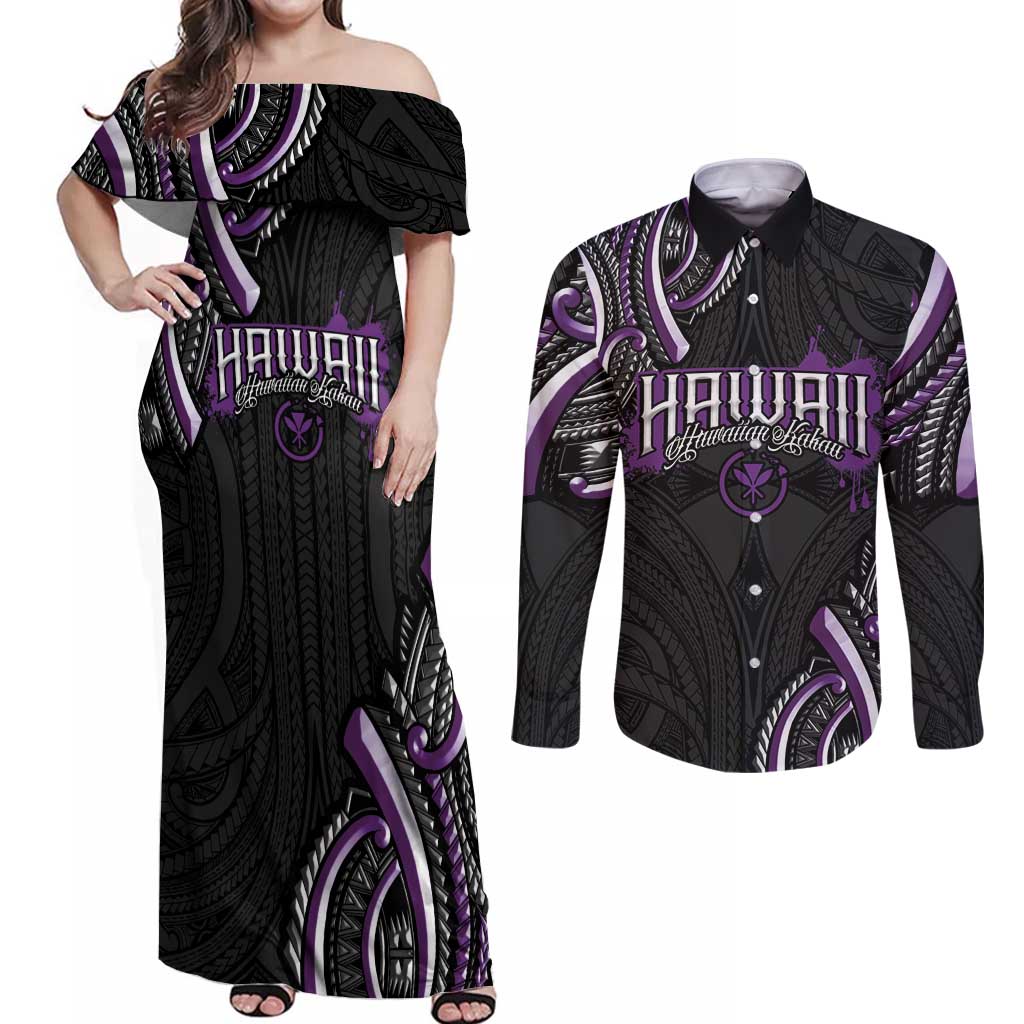 Traditional Art Hawaiian Kakau Tattoos Couples Matching Off Shoulder Maxi Dress and Long Sleeve Button Shirt Purple Color LT03 Purple - Polynesian Pride