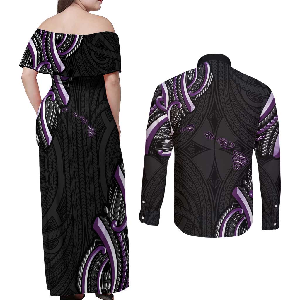 Traditional Art Hawaiian Kakau Tattoos Couples Matching Off Shoulder Maxi Dress and Long Sleeve Button Shirt Purple Color LT03 - Polynesian Pride