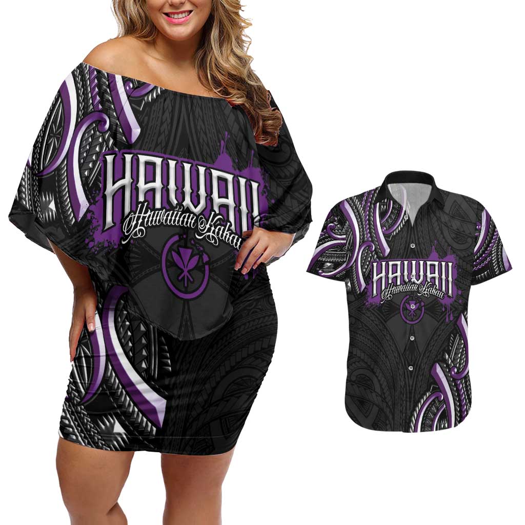 Traditional Art Hawaiian Kakau Tattoos Couples Matching Off Shoulder Short Dress and Hawaiian Shirt Purple Color LT03 Purple - Polynesian Pride