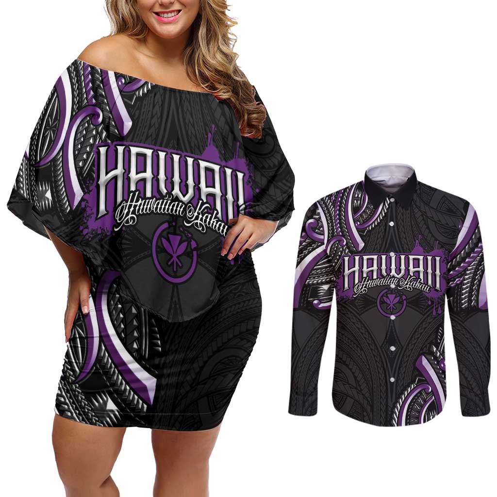 Traditional Art Hawaiian Kakau Tattoos Couples Matching Off Shoulder Short Dress and Long Sleeve Button Shirt Purple Color - Polynesian Pride