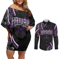 Traditional Art Hawaiian Kakau Tattoos Couples Matching Off Shoulder Short Dress and Long Sleeve Button Shirt Purple Color LT03 Purple - Polynesian Pride