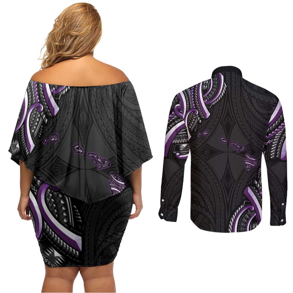 Traditional Art Hawaiian Kakau Tattoos Couples Matching Off Shoulder Short Dress and Long Sleeve Button Shirt Purple Color LT03 - Polynesian Pride