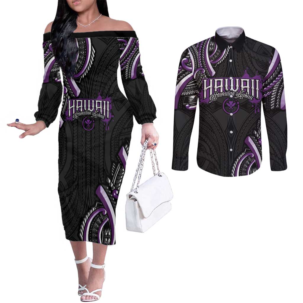 Traditional Art Hawaiian Kakau Tattoos Couples Matching Off The Shoulder Long Sleeve Dress and Long Sleeve Button Shirt Purple Color LT03 Purple - Polynesian Pride