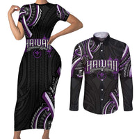 Traditional Art Hawaiian Kakau Tattoos Couples Matching Short Sleeve Bodycon Dress and Long Sleeve Button Shirt Purple Color LT03 Purple - Polynesian Pride