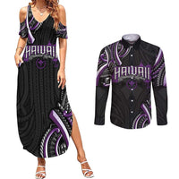 Traditional Art Hawaiian Kakau Tattoos Couples Matching Summer Maxi Dress and Long Sleeve Button Shirt Purple Color LT03 Purple - Polynesian Pride