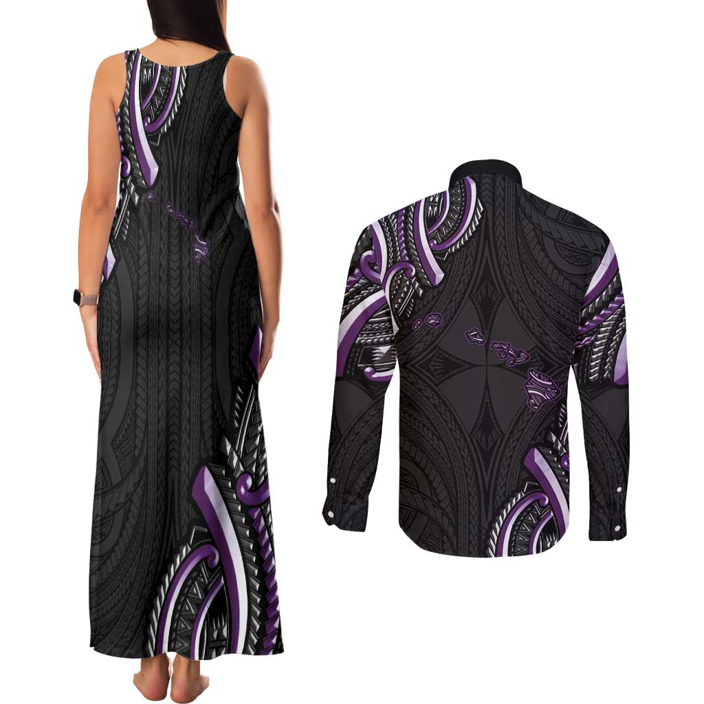 Traditional Art Hawaiian Kakau Tattoos Couples Matching Tank Maxi Dress and Long Sleeve Button Shirt Purple Color LT03 - Polynesian Pride