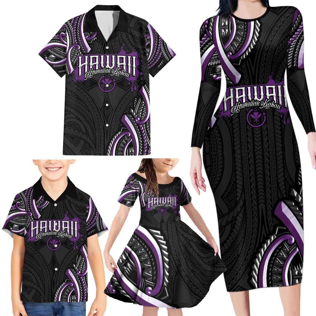 Traditional Art Hawaiian Kakau Tattoos Family Matching Long Sleeve Bodycon Dress and Hawaiian Shirt Purple Color LT03 - Polynesian Pride