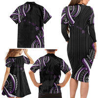 Traditional Art Hawaiian Kakau Tattoos Family Matching Long Sleeve Bodycon Dress and Hawaiian Shirt Purple Color LT03 - Polynesian Pride