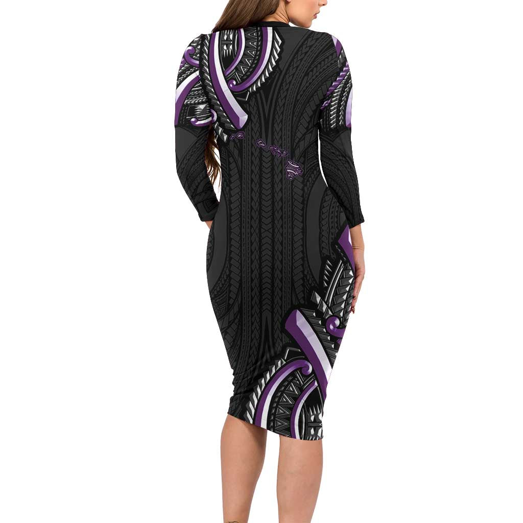 Traditional Art Hawaiian Kakau Tattoos Family Matching Long Sleeve Bodycon Dress and Hawaiian Shirt Purple Color LT03 - Polynesian Pride