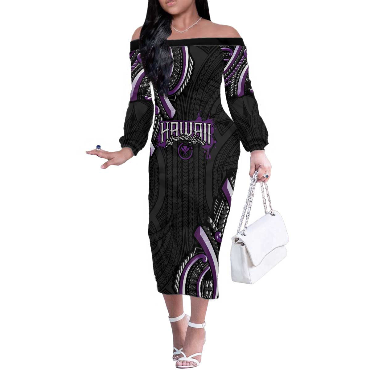 Traditional Art Hawaiian Kakau Tattoos Family Matching Off The Shoulder Long Sleeve Dress and Hawaiian Shirt Purple Color - Polynesian Pride