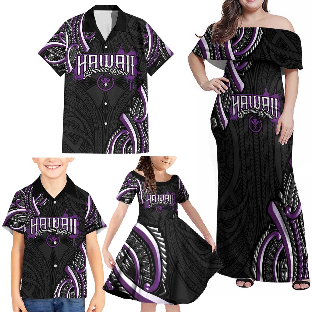 Traditional Art Hawaiian Kakau Tattoos Family Matching Off Shoulder Maxi Dress and Hawaiian Shirt Purple Color LT03 - Polynesian Pride