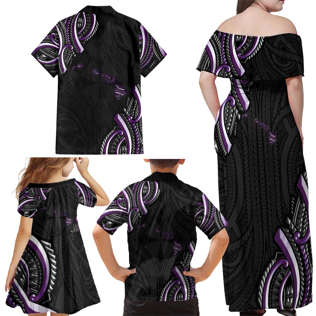 Traditional Art Hawaiian Kakau Tattoos Family Matching Off Shoulder Maxi Dress and Hawaiian Shirt Purple Color LT03 - Polynesian Pride