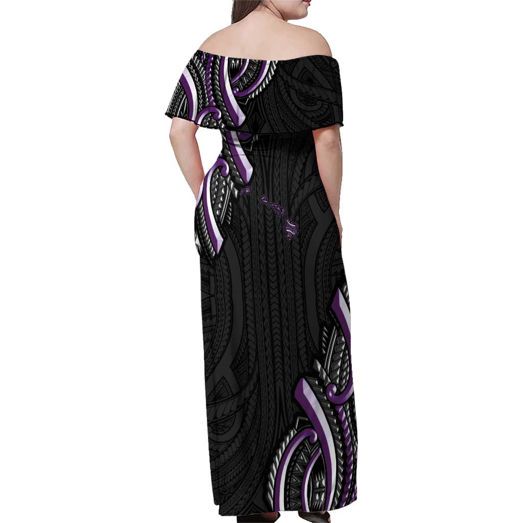 Traditional Art Hawaiian Kakau Tattoos Family Matching Off Shoulder Maxi Dress and Hawaiian Shirt Purple Color LT03 - Polynesian Pride
