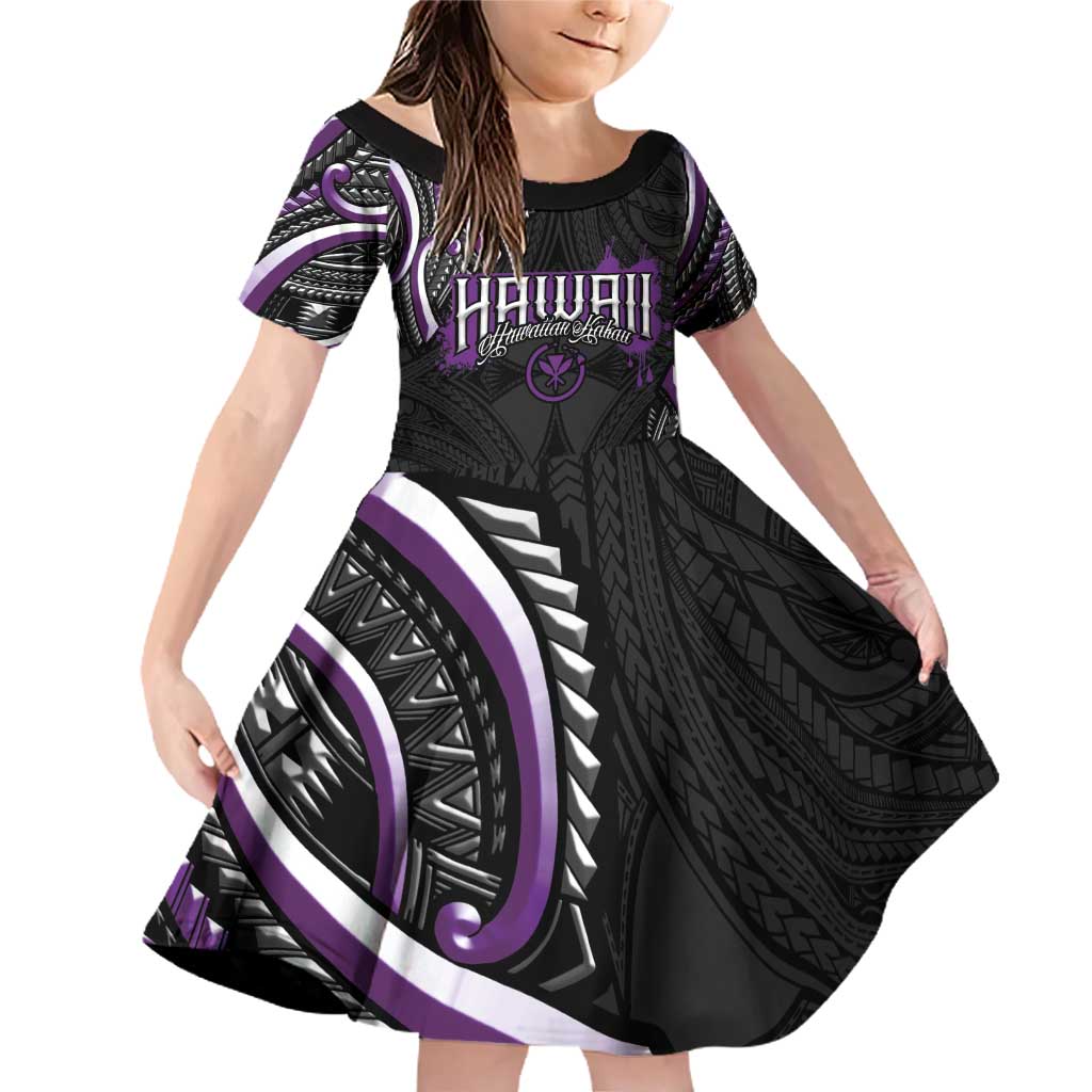 Traditional Art Hawaiian Kakau Tattoos Family Matching Off Shoulder Short Dress and Hawaiian Shirt Purple Color LT03 Daughter's Dress Purple - Polynesian Pride