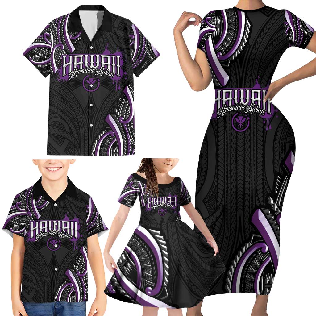 Traditional Art Hawaiian Kakau Tattoos Family Matching Short Sleeve Bodycon Dress and Hawaiian Shirt Purple Color LT03 - Polynesian Pride