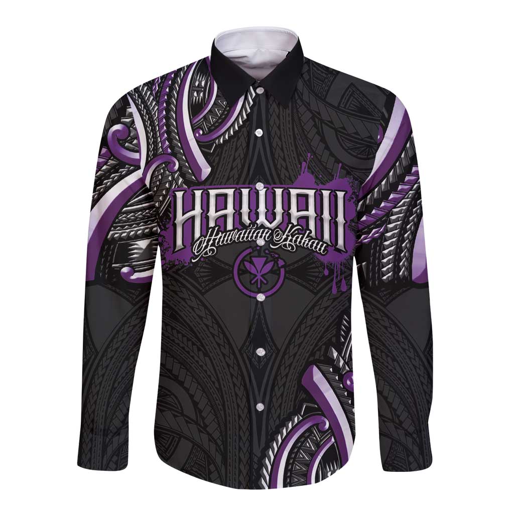 Traditional Art Hawaiian Kakau Tattoos Long Sleeve Button Shirt Purple Color - Polynesian Pride