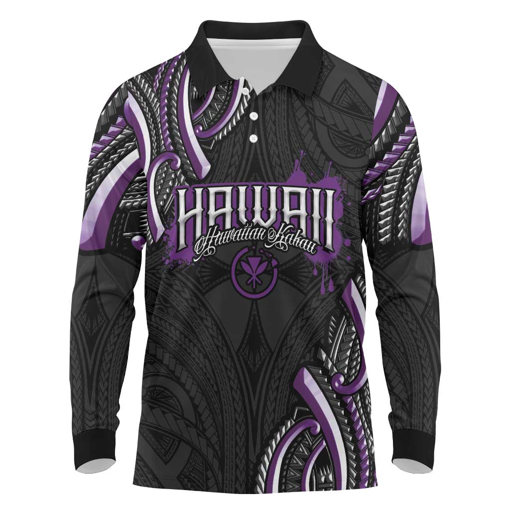 Traditional Art Hawaiian Kakau Tattoos Long Sleeve Polo Shirt Purple Color - Polynesian Pride