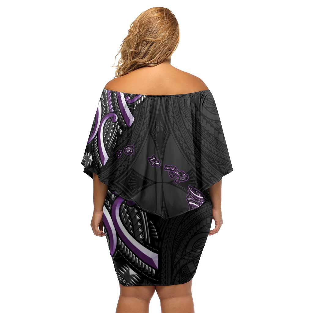Traditional Art Hawaiian Kakau Tattoos Off Shoulder Short Dress Purple Color - Polynesian Pride