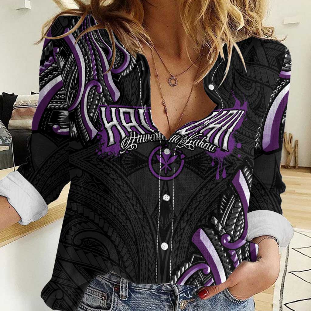 Traditional Art Hawaiian Kakau Tattoos Women Casual Shirt Purple Color - Polynesian Pride